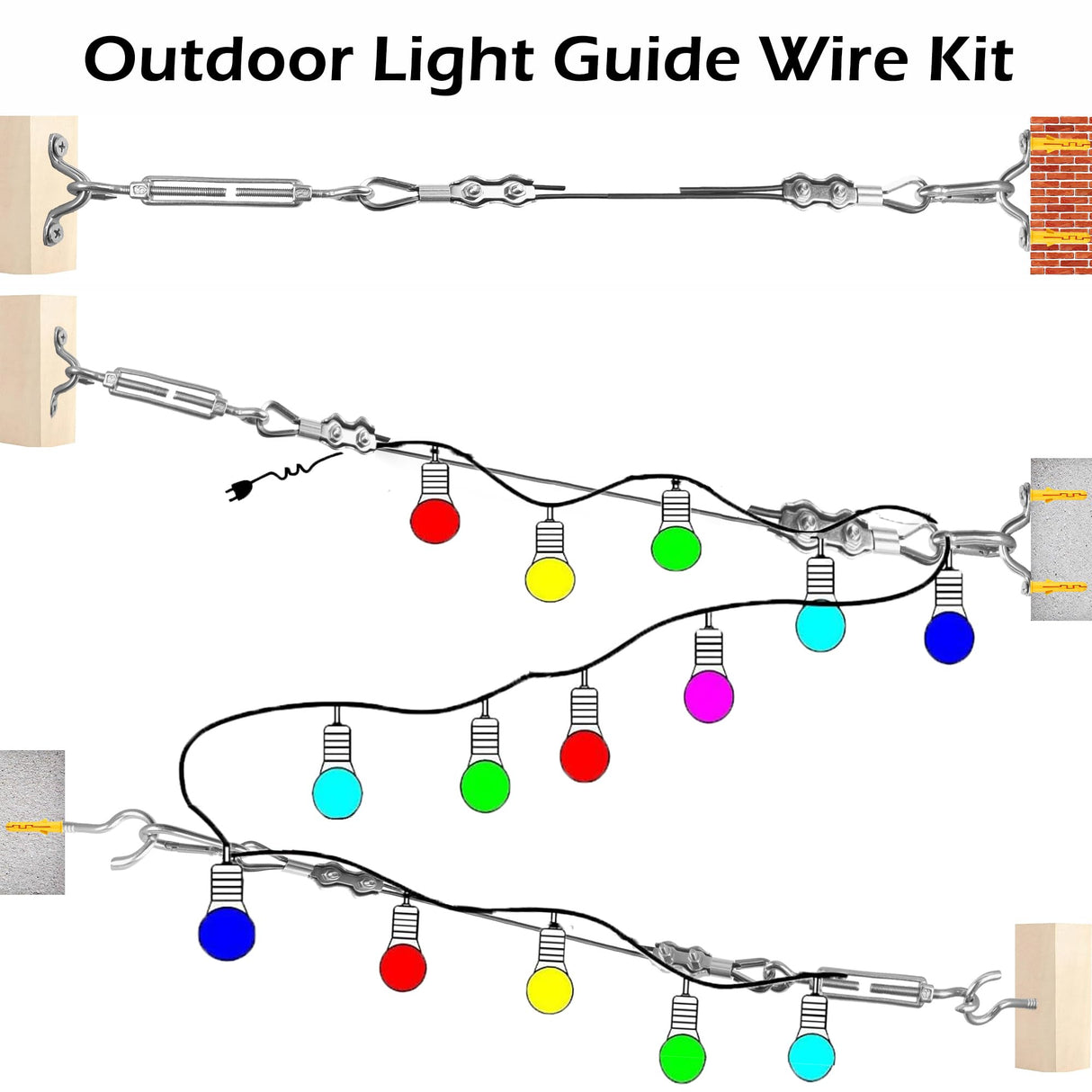 YingYa BIS 246FT Black Vinyl Coated 304 Stainless Steel Wire Rope Cable Kit β Heavy Duty Outdoor String Light Hanging Guide Wire with M5 Turnbuckle for Patio, Garden, Christmas Lights