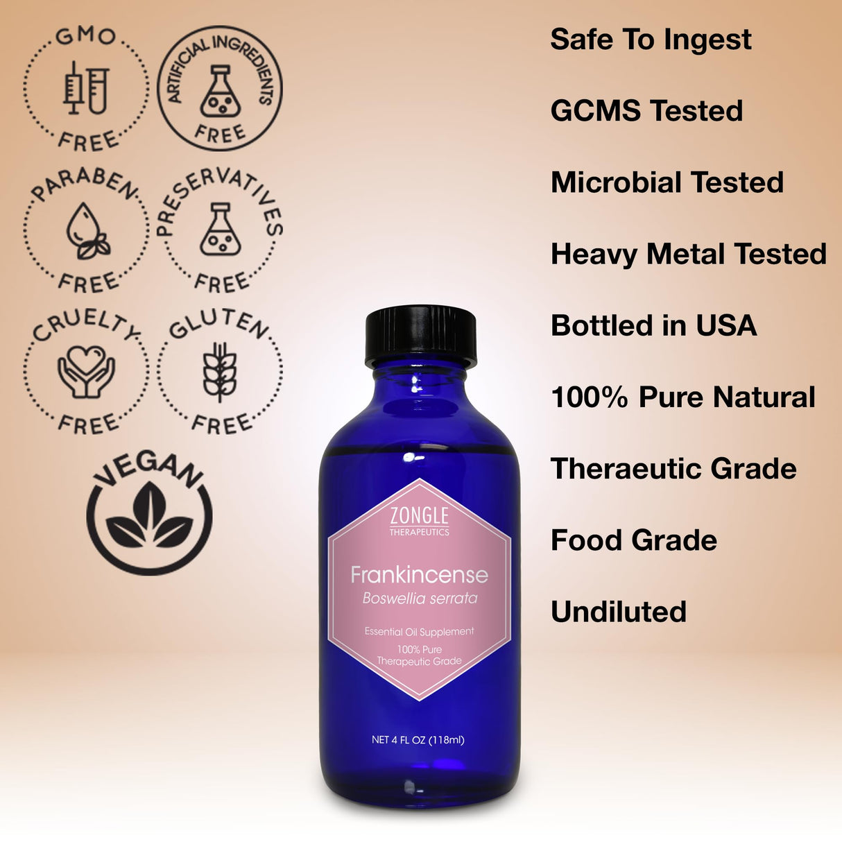 Frankincense Essential Oil, Food Grade, for Face – 100% Pure, Frankincense, Resin, Oil, Boswellia Serrata, Edible, by Zongle Therapeutics, 4 OZ