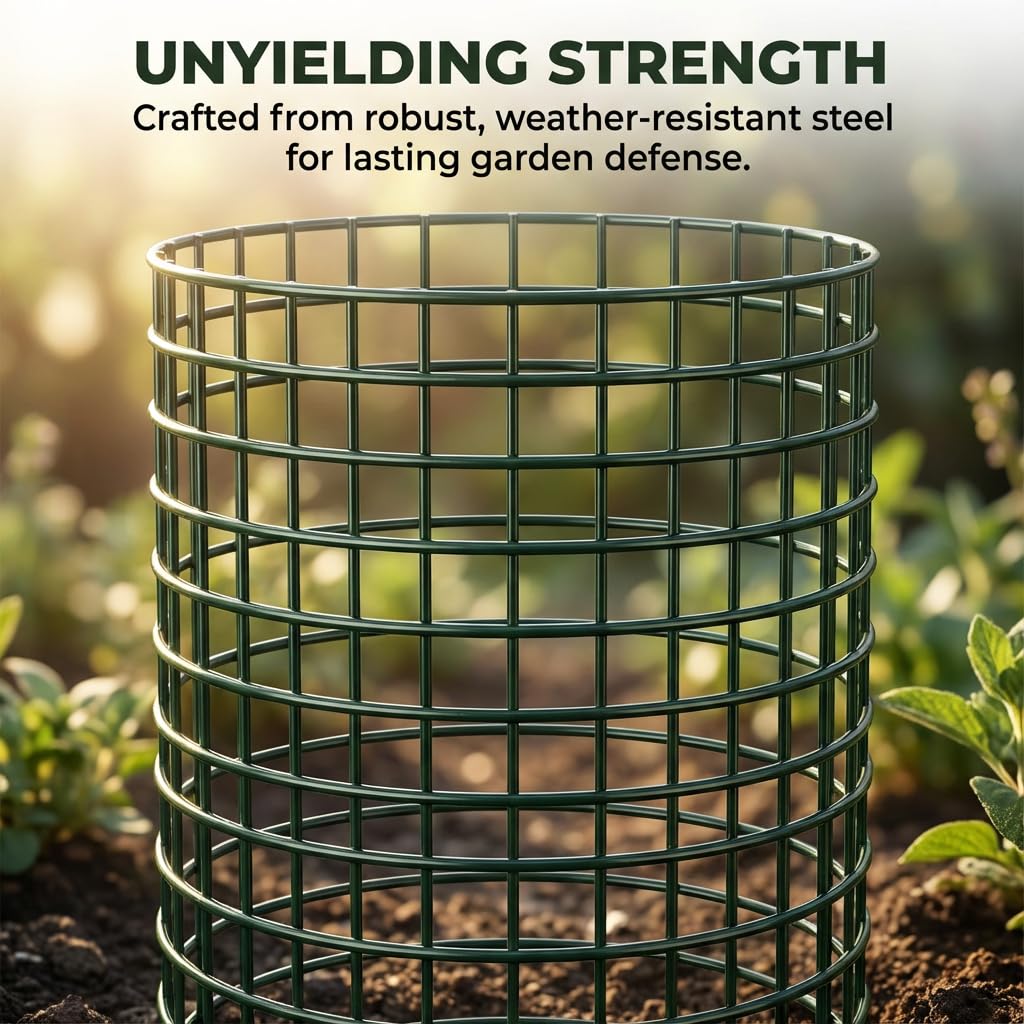 3Pack 17x14 Inch Green Coated Galvanized Wire Plant Protectors, 9Pcs Mesh Cloches with Stakes & Zip Ties, Chicken Wire Cage for Rabbits Squirrels Chickens, Garden Vegetable Seedling Protection