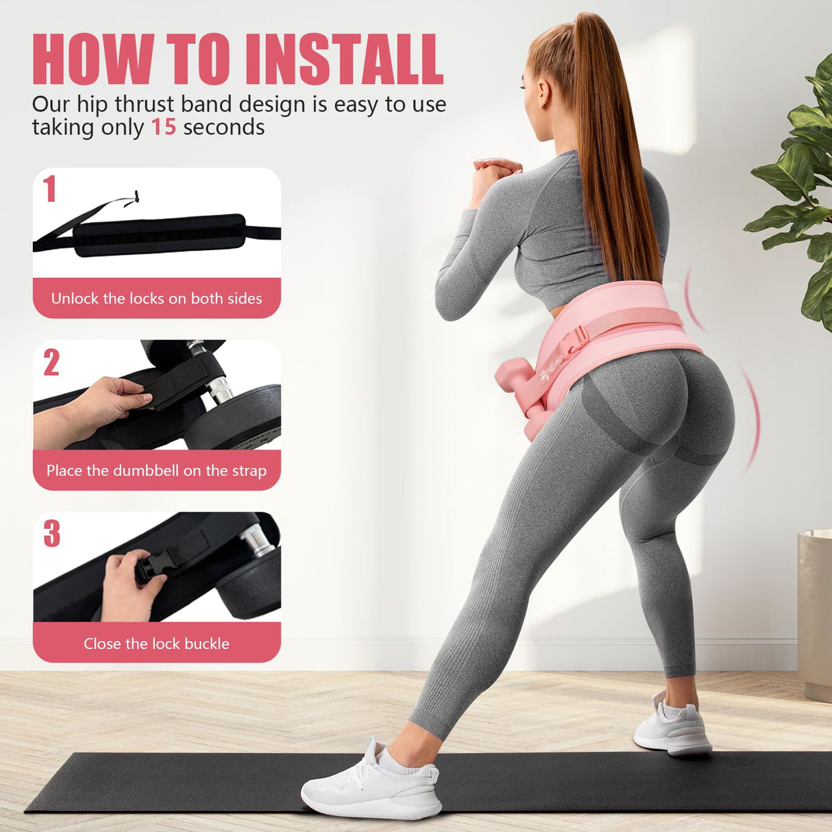 Exercise Hip Thrust Belt - Dumbbell Hip Thrust Belt, Thicken & Widen, Comfortable for Dumbbells, Kettlebells or Plates, Slip Padding, Gym or Home Workouts (Pink)