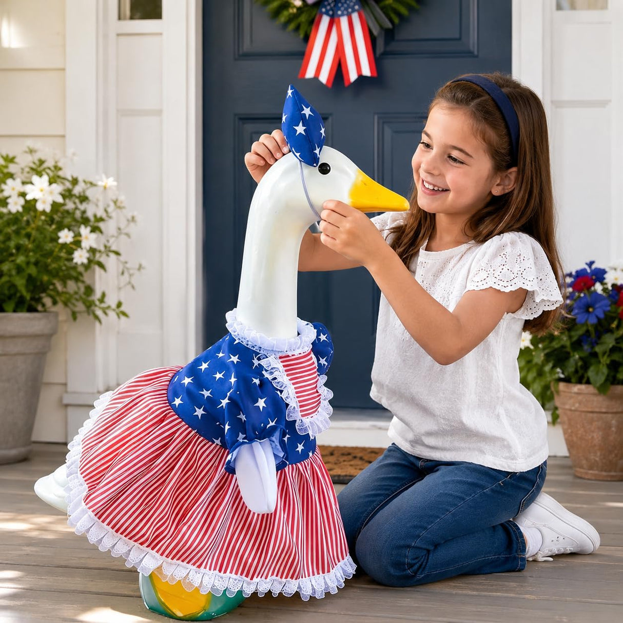 Mysense 4th of July Porch Goose Outfit for 23 Inch Goose Statue, Patriotic Red White Blue Goose Clothes with Bow for Outdoor Garden Patio Decor, USA 250th Anniversary Merchandise