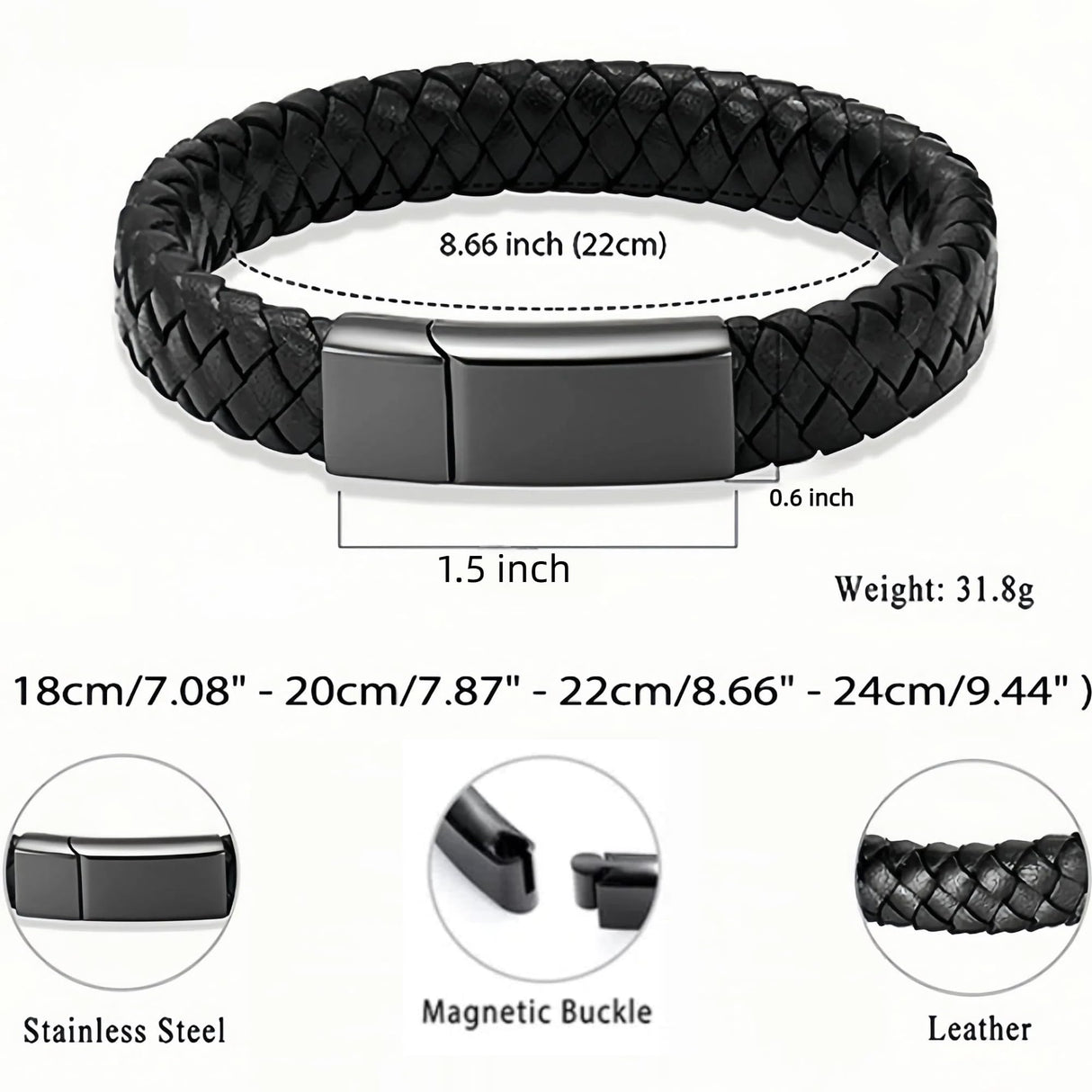 Tina&Co Personalized Men's Bracelet with 0–6 Name Beads – Black Braided Leather, Adjustable Sizes, Custom Gift for Dad, Husband, Son, Boyfriend