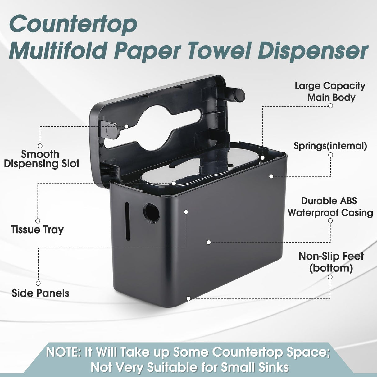 DUTYWORKS Multifold Paper Towel Dispenser Countertop, Commercial Napkin Dispenser for Restaurant, Large Capacity Single-Sheet Hand Towel Dispenser, Paper Towel Holder for Kitchen & Bathroom Black