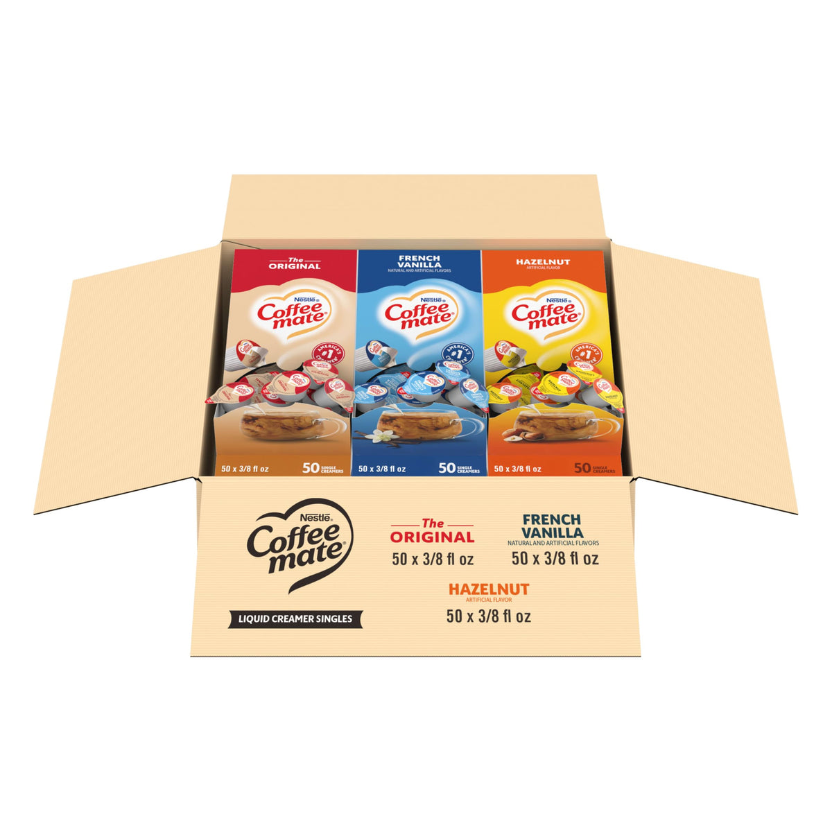 Nestle Coffee mate Creamer Singles Variety Pack, Original, French Vanilla, Hazelnut, Non Dairy, No Refrigeration, 150 Count (Pack of 3)