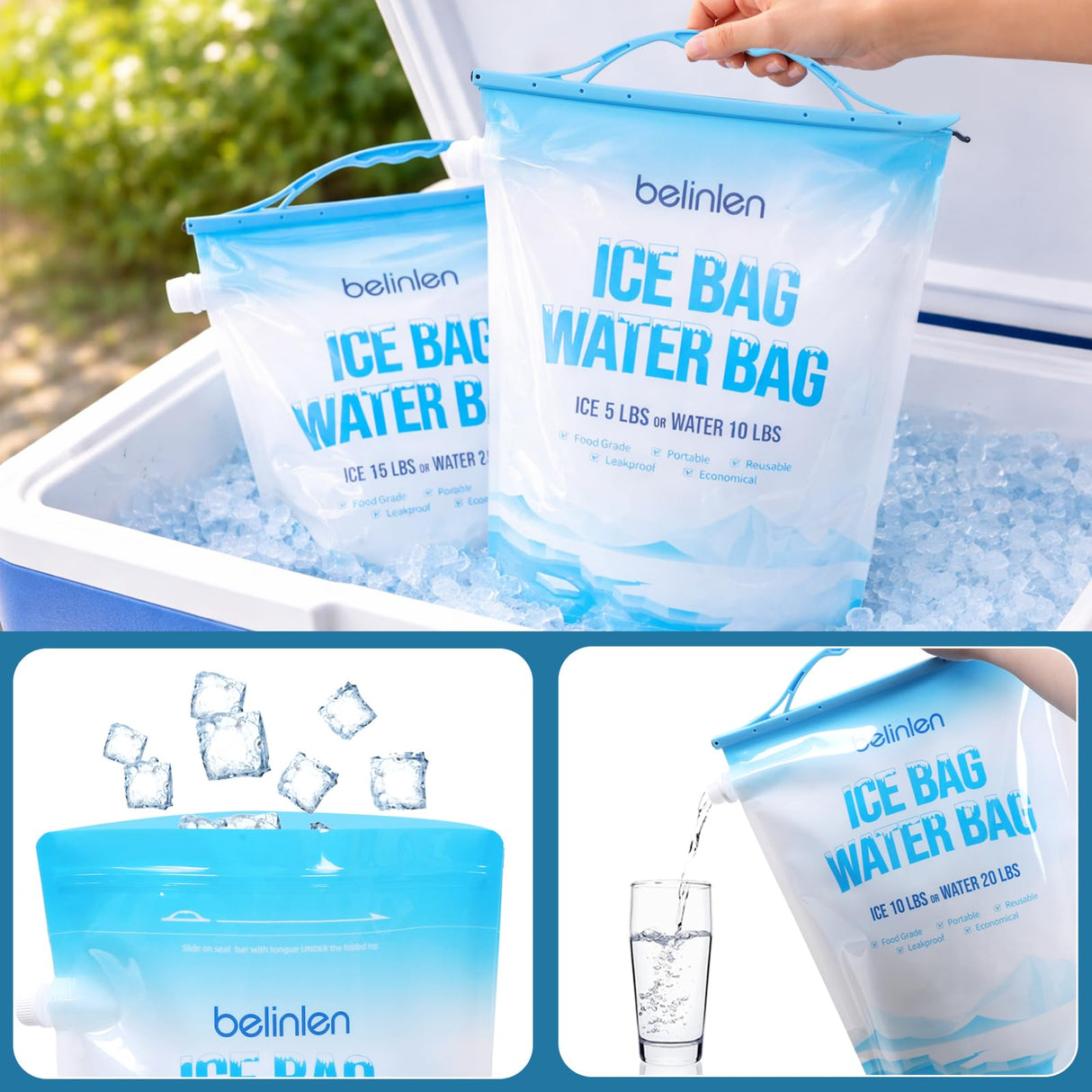 Belinlen 6 Pack Reusable Ice Bags for Cooler 10lb Cooler Ice Cube Bag with Sealed Sliding Handle, ice Lock Watertight ice Bag Large Leakproof Ice Bag for Camping, Hiking, and Drinks(13.8 x 19.7)