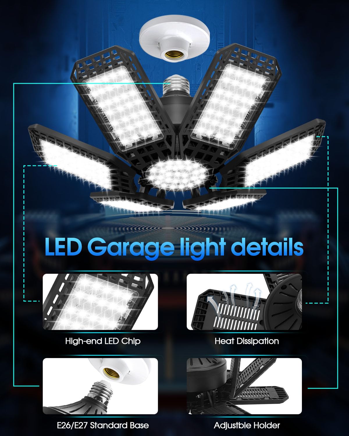 AUDLES 8 Pack LED Garage Light, 200W 20000LM 6500K LED Shop Lights, Garage Lights Ceiling Led with 6+1 Deformable Panels, Screw in E26/E27 Socket Bulb for Warehouse, Workshop, Basement, Barn Lighting