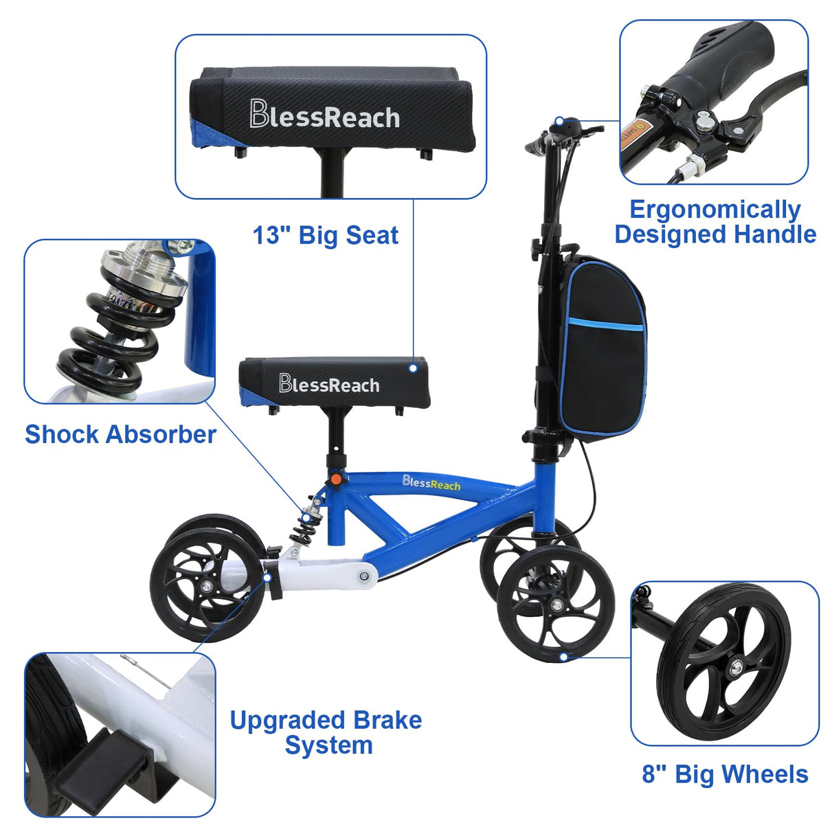 BlessReach Economy Knee Scooter Steerable Knee Walker for Foot Injuries Compact Crutches with Dual Rear on-Wheel Brake and Shock Absorption Under The Knee pad
