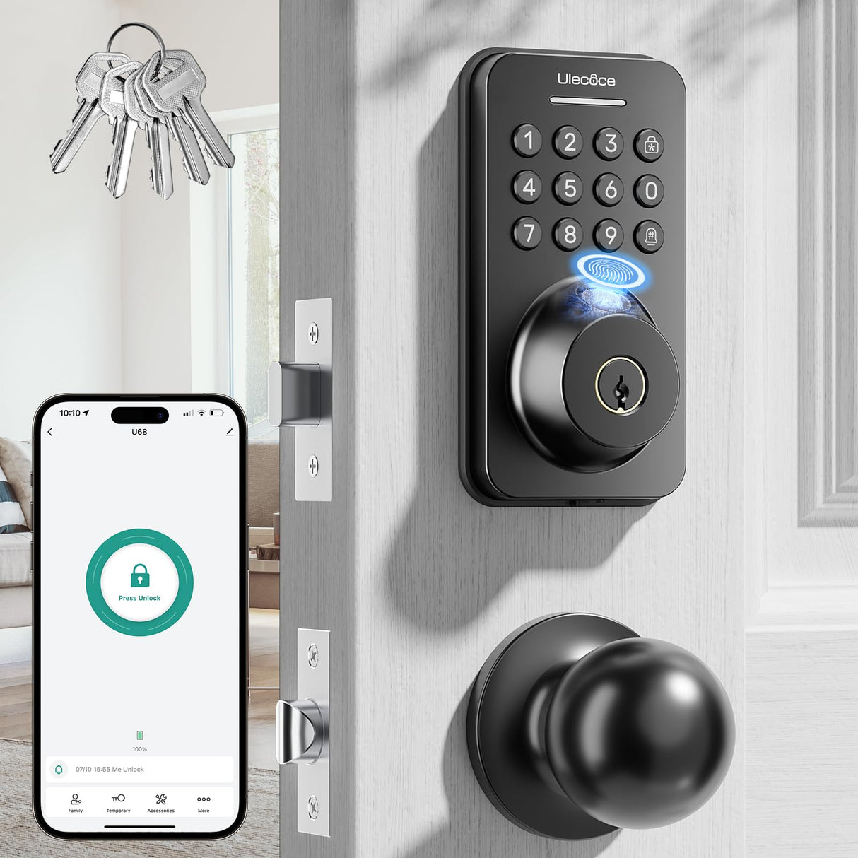 Ulecoce Fingerprint Keypad Deadbolt with Knob Set, Keyless Entry Door Lock with App Control, Door Locks for Front Door, Auto Lock&One-Touch Lock, 100+ User Codes&5 Keys, Easy Installation, Matte Black