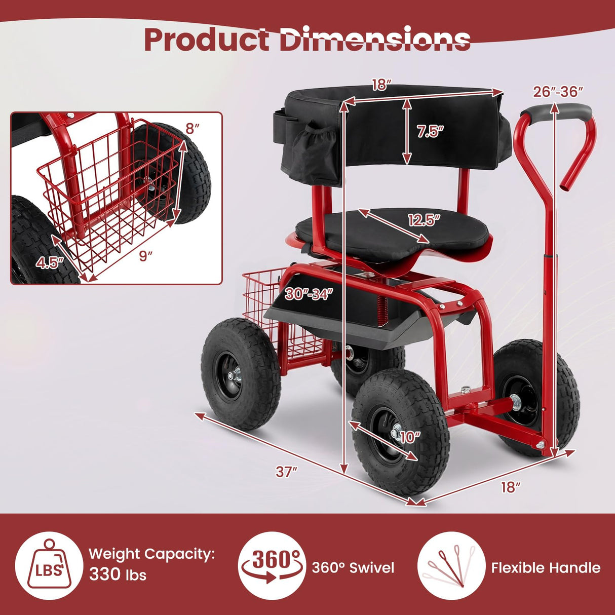 Goplus Garden Seat with Wheels, Rolling Gardening Stool with Adjustable 360° Swivel Seat, Tool Tray & Storage Basket, Extendable Handle, Outdoor Gardening Scooter, Garden Cart Workseat for Seniors