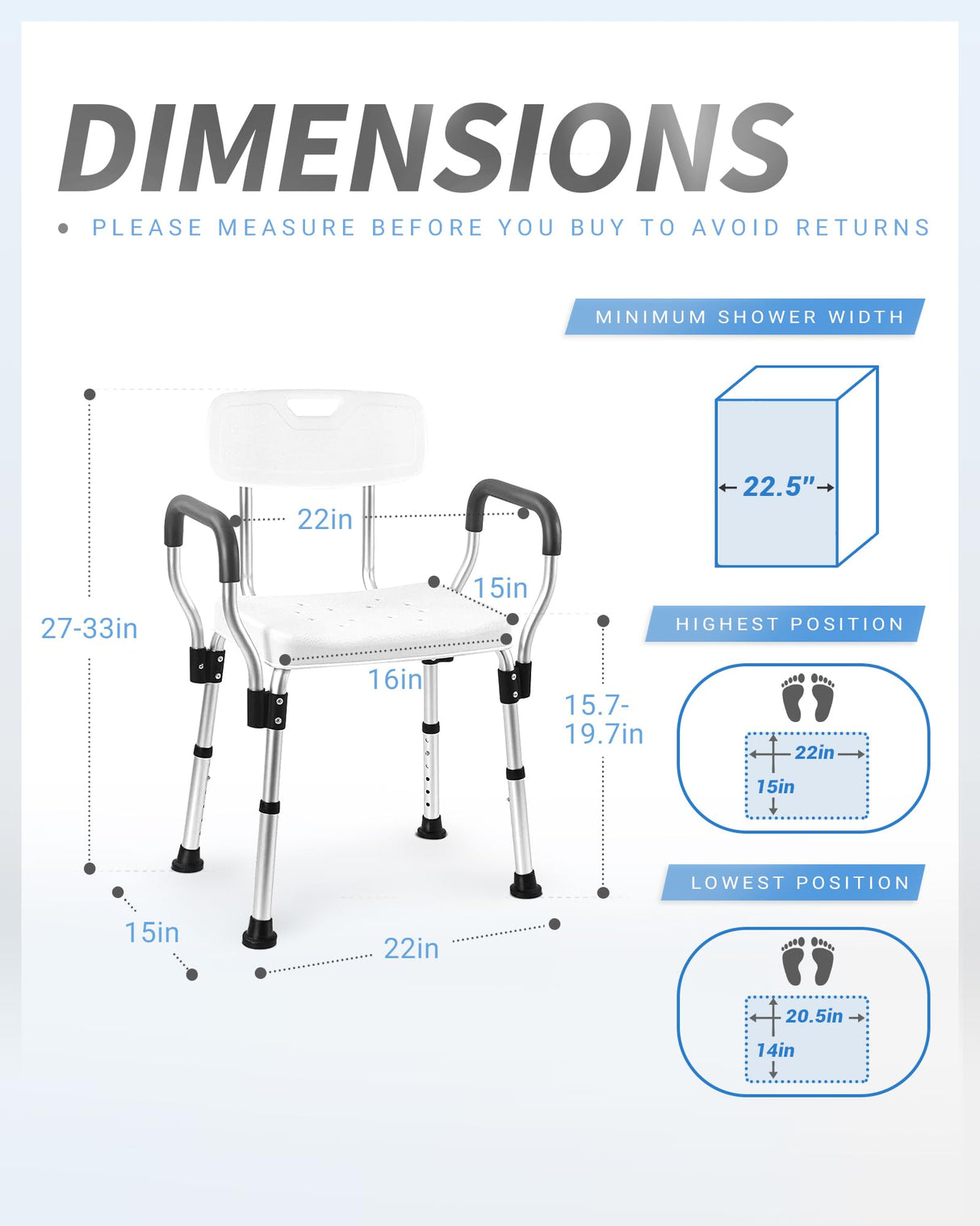 Sangohe Shower Chair for Inside Shower - Heavy Duty Shower Seat with Back - Height Adjustable Shower Chair for Bathtub with Arms for Handicap - FSA/HSA Eligible Shower Seats for Elderly, 796C