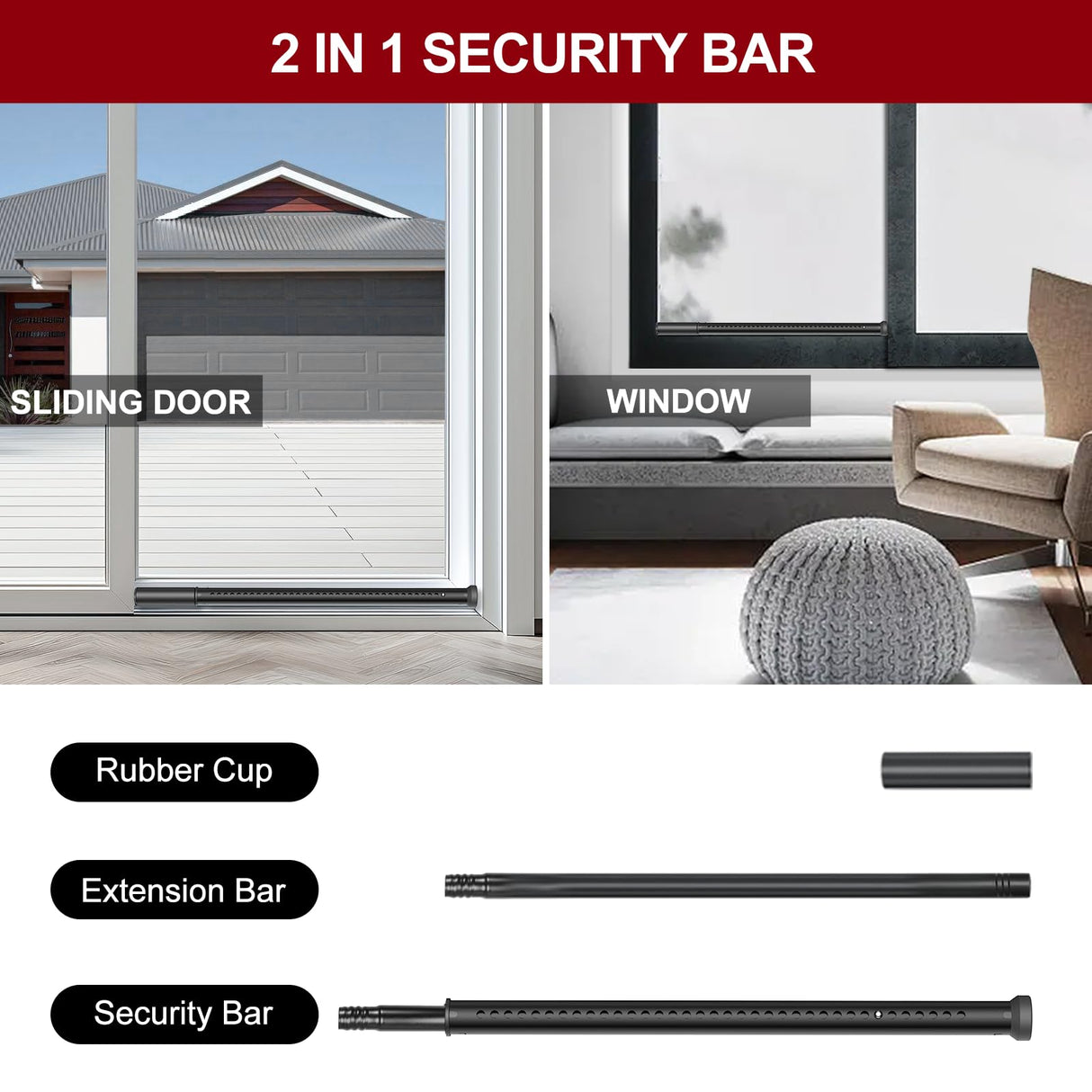 AceMining Sliding Door Security Bar,Heavy Duty Sliding Patio Door Lock Bar, 20-50inch Adjustable Multi-use Window Security Bars, Sliding Door Stopper,Black,1Pack