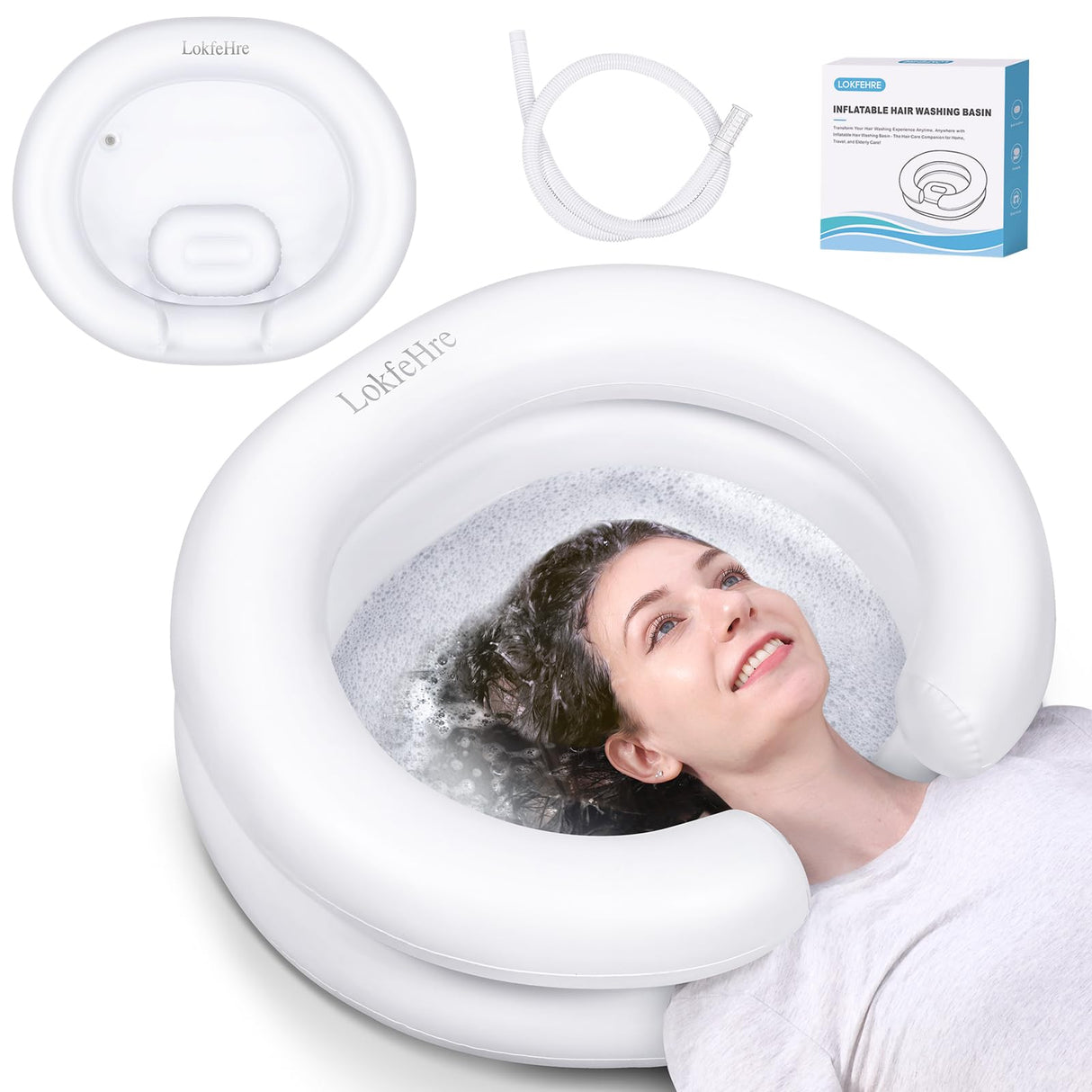 LOKFEHRE Large Portable Inflatable Hair Washing Basin for Bedridden - Wash Hair in Bed with Inflatable Shampoo Bowl.For Elderly,Disabled,Injured,Ideal Inflatable Sink for Locs Detox (Pure white)