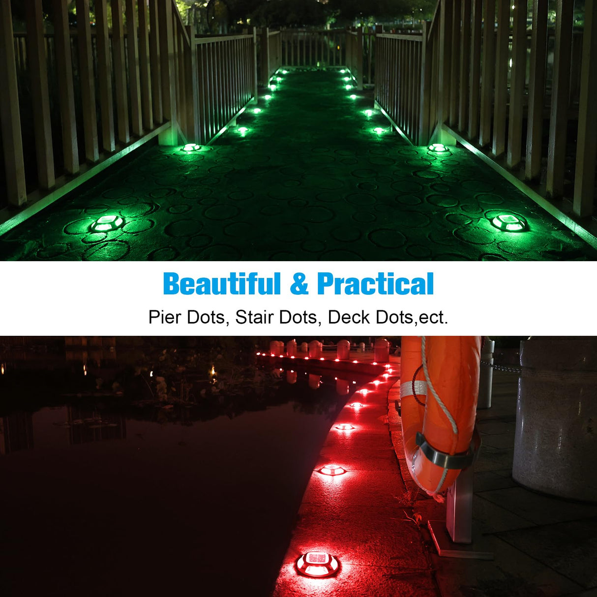 VOLISUN Christmas Solar Driveway Lights Dock Marine Lights 4 Pack,2 Colors in 1,Outdoor LED Deck Lights,Solar Powered Waterproof Warning Step Lights for Driveway Sidewalk Pathway (Red/Green)