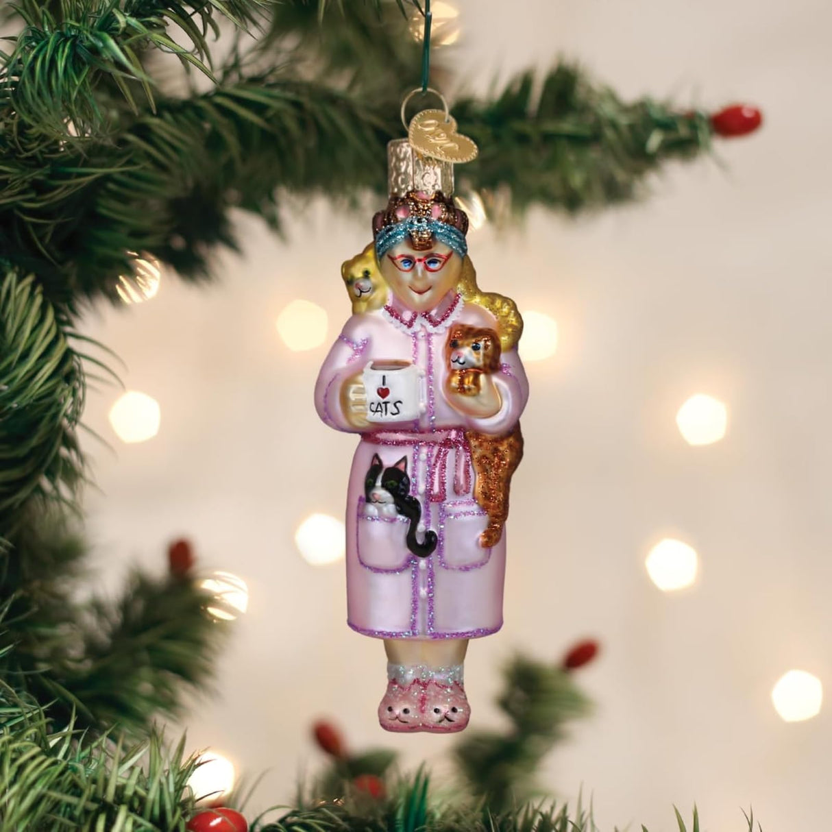 Old World Christmas Cat Lady Glass Blown Ornament for Christmas Tree, Handcrafted Holiday Decoration, Cat Collection