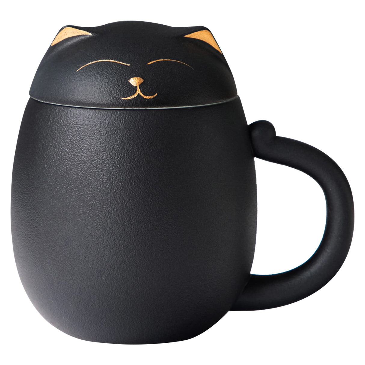 HEER Black Cat Tea Cup with Infuser and Lid, Cute Tea Mug with Strainer for Steeping Loose Leaf, Ceramic Teacup Birthday Christmas Cat Lover Gifts for Women, Men, Mom, Sisters, besties. (Black)