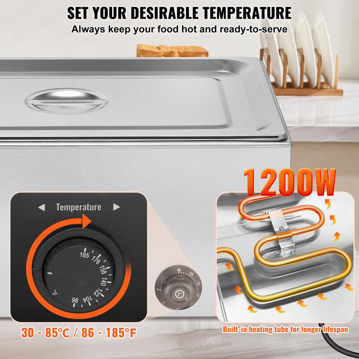 VEVOR Commercial Food Warmer, 1 Pan 24QT Electric Steam Table, 1200W Professional Countertop Stainless Steel Buffet Bain Marie with 86-185°F Temp Control for Catering and Restaurants, Silver