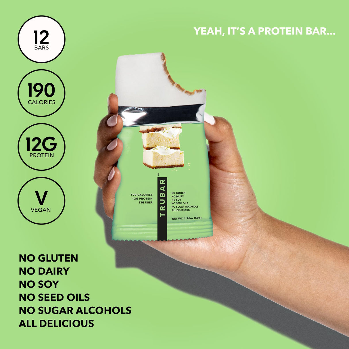 TRUBAR Vegan Protein Bar, Whipped for Key Lime, Gluten Free, Plant Based, High Fiber, Dairy Free, Low Fat, Non GMO, No Sugar Alcohols, 12G Lean Protein, 13G Fiber, Healthy Snack Bars, 12 CT
