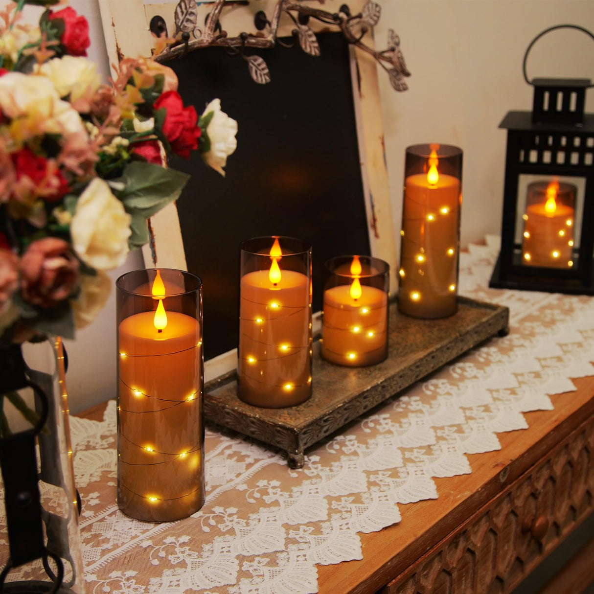 Homemory Flameless Candles with Embedded Star String Fairy Lights, Battery Operated Candles, LED Candle, Fake Candles with Remote Control and Timer for Halloween, Gray Acrylic, Set of 5(H4"5"6"8"8")
