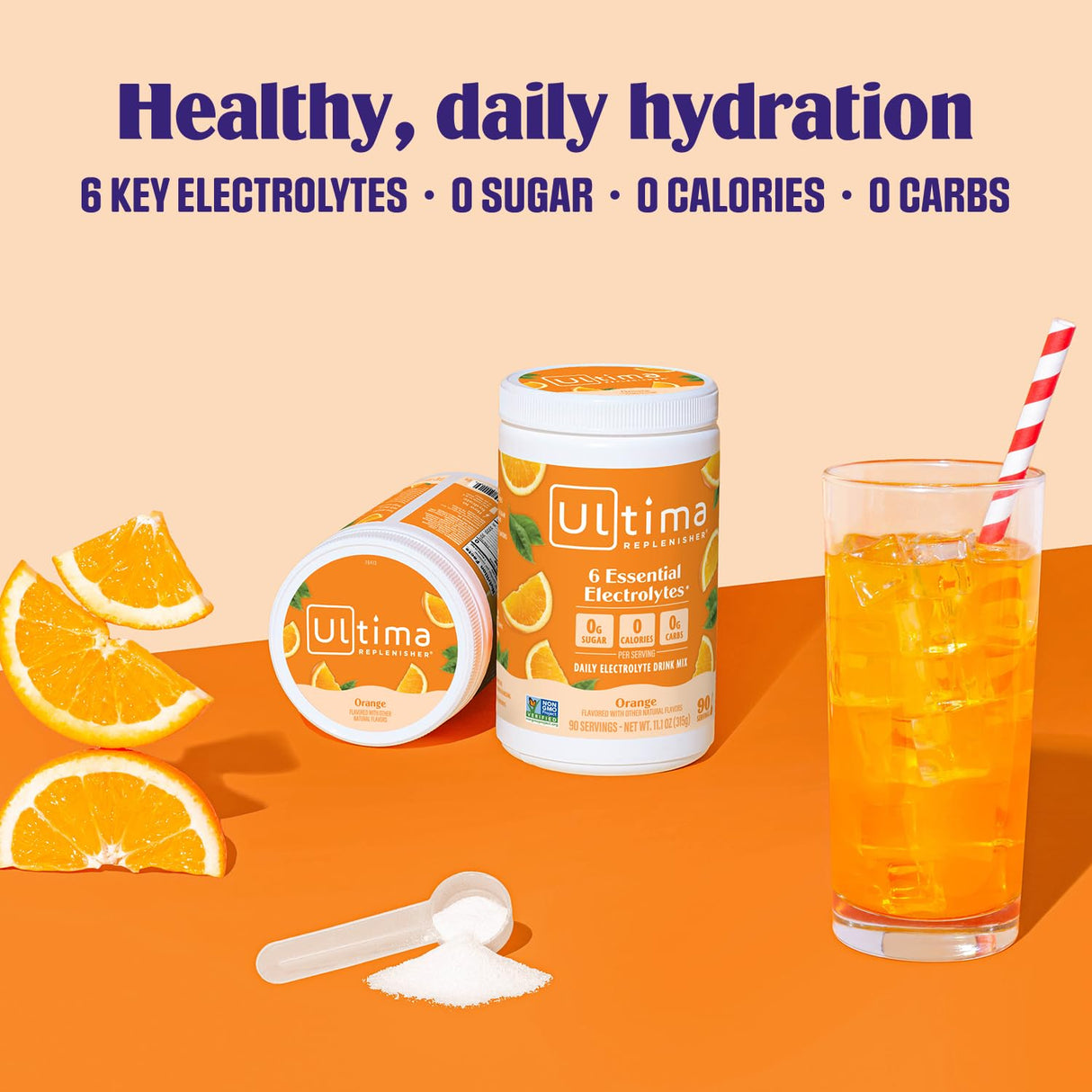 Ultima Replenisher Daily Electrolyte Powder Drink Mix – Sugar Free – Orange, 90 Servings – Hydration Powder with 6 Key Electrolytes and Trace Minerals – Keto Friendly, Vegan, Non-GMO