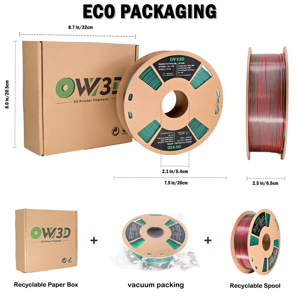 OVV3D PLA Filament 1.75mm Dual-Colors, Christmas Red Green Silk PLA Filament,3D Printer Filament Rainbow PLA Filament, 3D Printing Filament +/-0.02mm, 1kg/2.2lbs