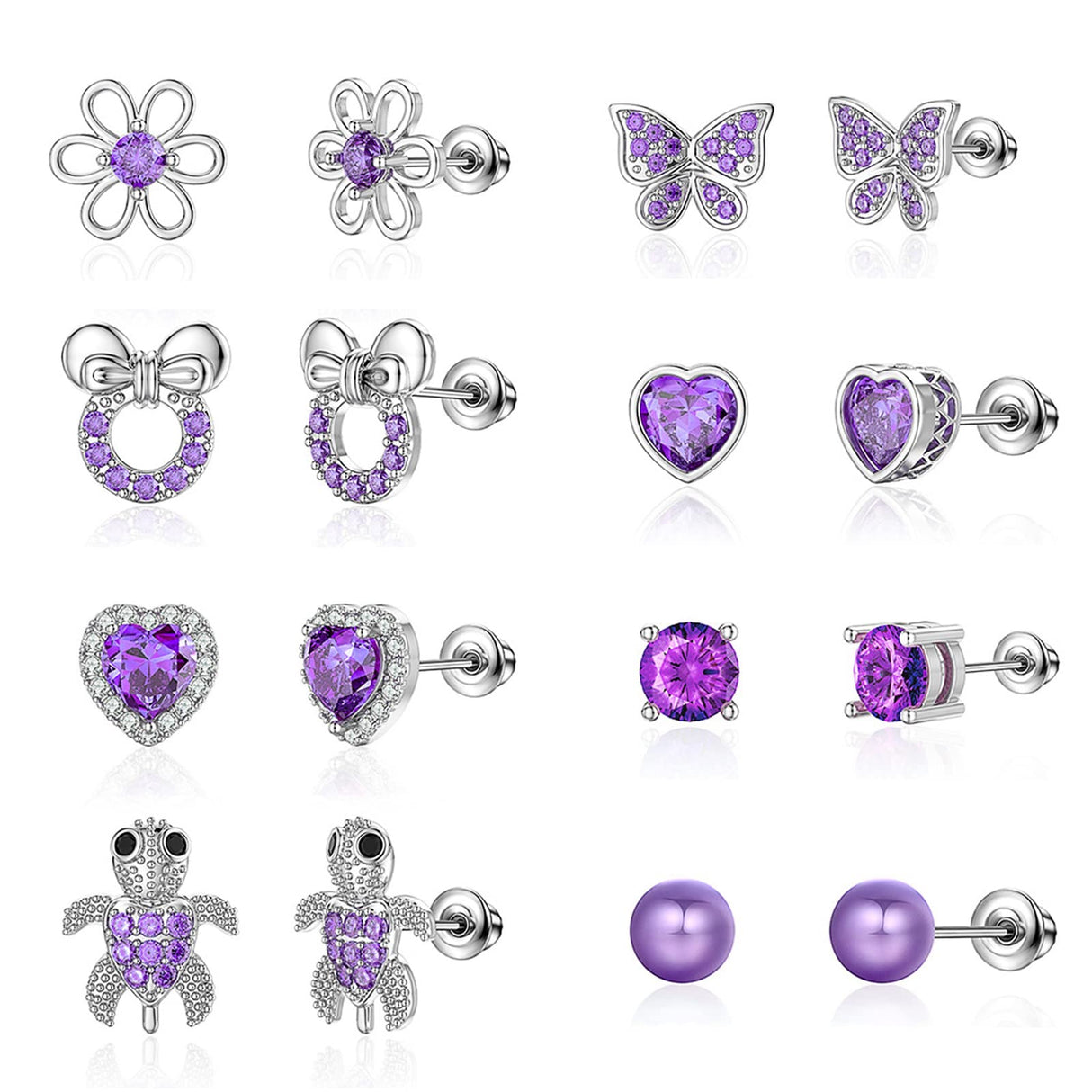 TOPBRIGHT 8 Pairs Hypoallergenic Earrings 925 Sterling Silver Stud Earrings Purple Heart CZ Tiny Butterfly For Kids, Toddlers, Little Girls, Teens, Women