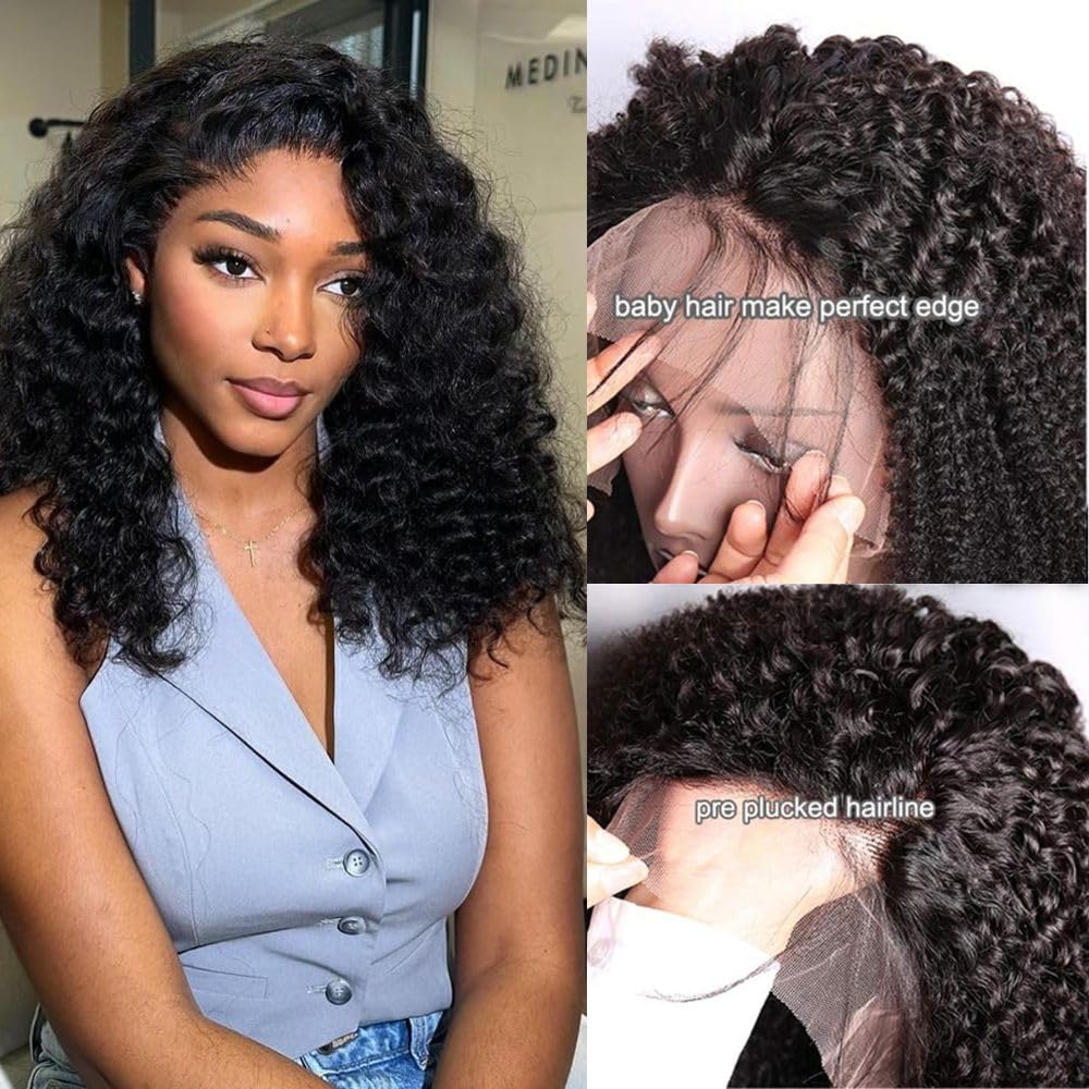 Bestdilin Curly Lace Front Wigs Human Hair 13x6 Kinky Curly HD Transparent Lace Frontal Wig for Women Short Curly Wigs Pre Plucked With Baby Hair 220% Density Glueless Hair Curly Wigs (16 Inch)