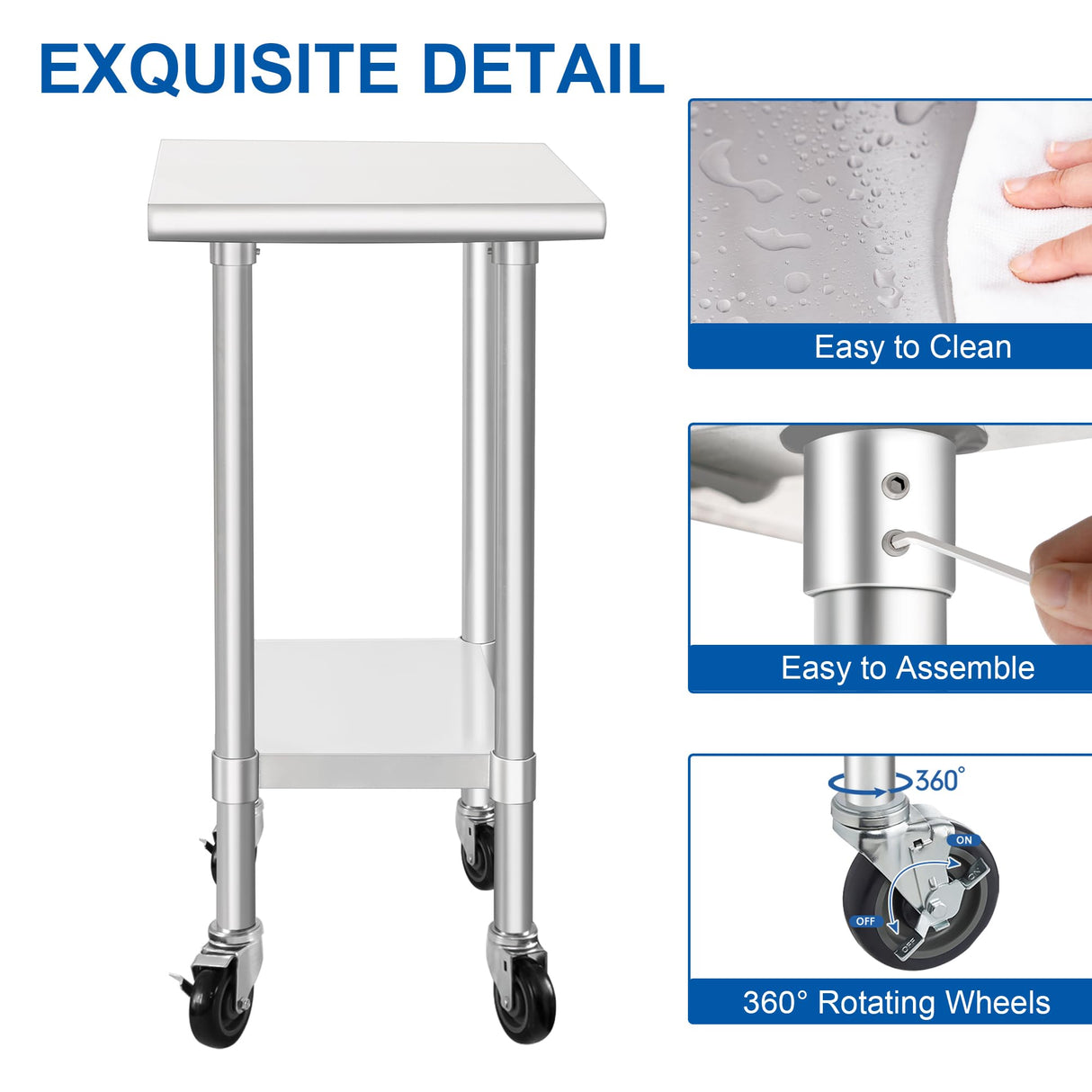 HARDURA Stainless Steel Commercial Table Prep & Work Table with Casters Heavy Duty Metal Table with Wheels NSF 430 24×18 Inches