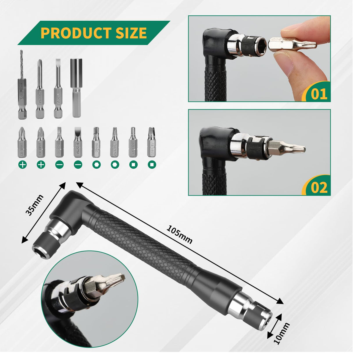 GRENPRO 19 Pcs Flexible Drill Bit Extension Kit, Includes 2 Pcs 105° Right Angle Drill Attachment, 3 Pcs Rotatable Socket Adapter, 10+2 Pcs Screwdriver Bits & Bendable Extension for Tight Spaces
