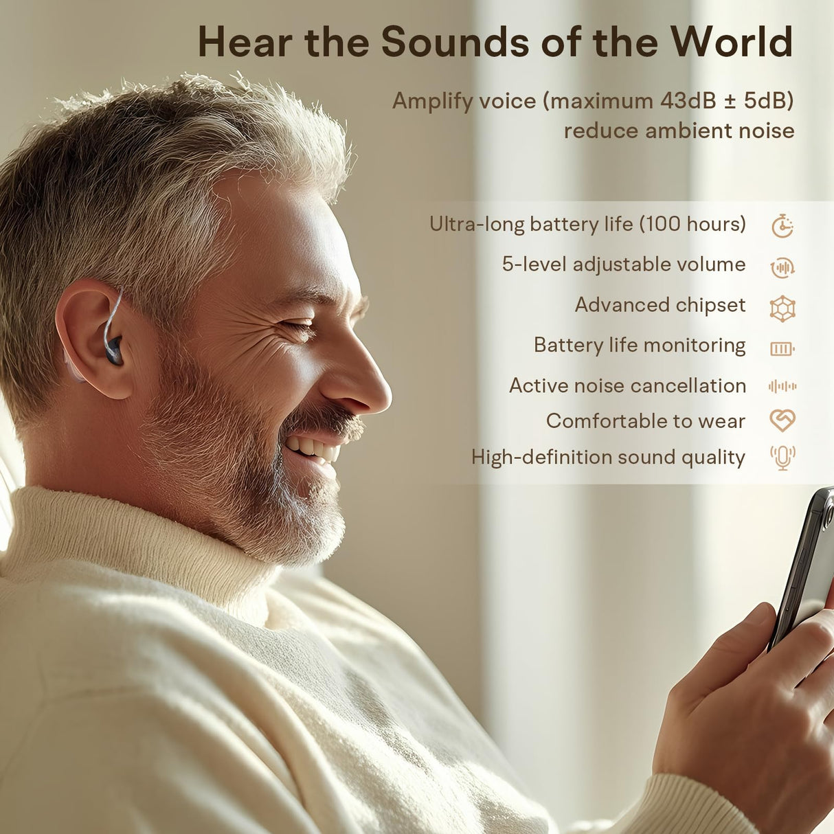 Hearing Aids, Hearing Aids for Seniors, Rechargeable Hearing Aid with Noise Cancellation, 5-Level Button Volume Control, OTC Hearing Amplifier for Moderate Hearing Loss, Clear Sound