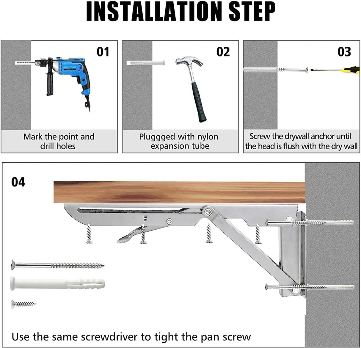 Folding Shelf Brackets 14 inch 4 Pcs Max. Load 330lb - Heavy Duty Stainless Steel DIY Wall Mounted Collapsible Shelf Brackets, Space Saving for Table, Workbench, Garage Workstation, Stuff Supports