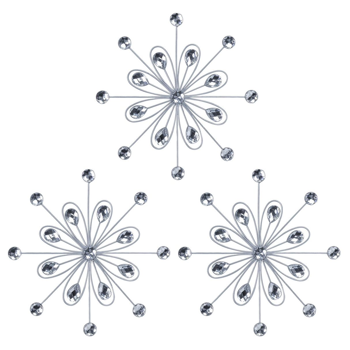 hogardeck Metal Flower Wall Decor, 3pcs 9" Silver Metal Jeweled Wall Art Bling Crystal Home Décor, Sun Burst Rhinestone Hanging Diamond Accents for for Indoor, Outdoor, Living Room, Bedroom
