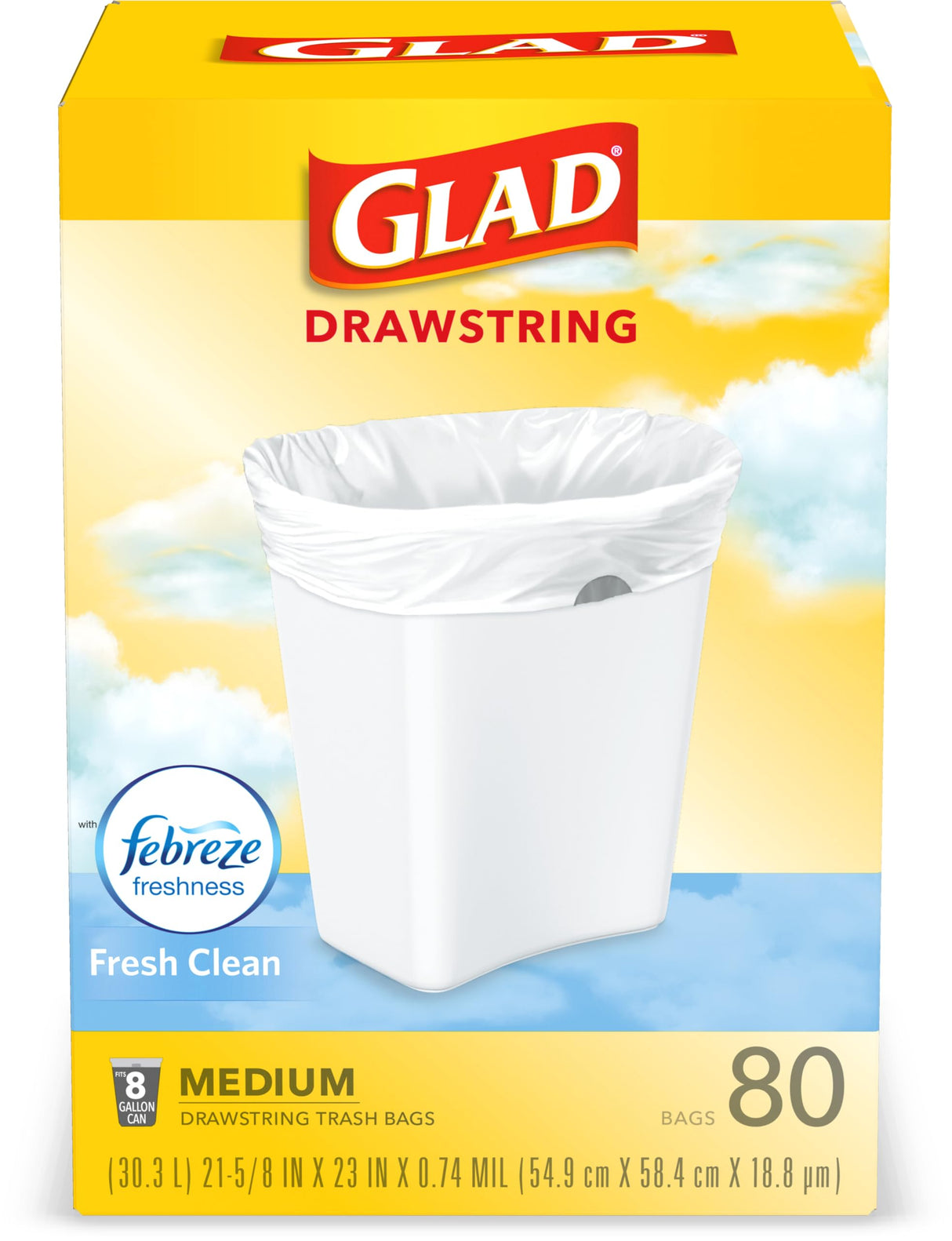 Glad Medium Kitchen Drawstring Trash Bags, 8 Gal, Fresh Clean Scent, 80 Ct (Package May Vary)