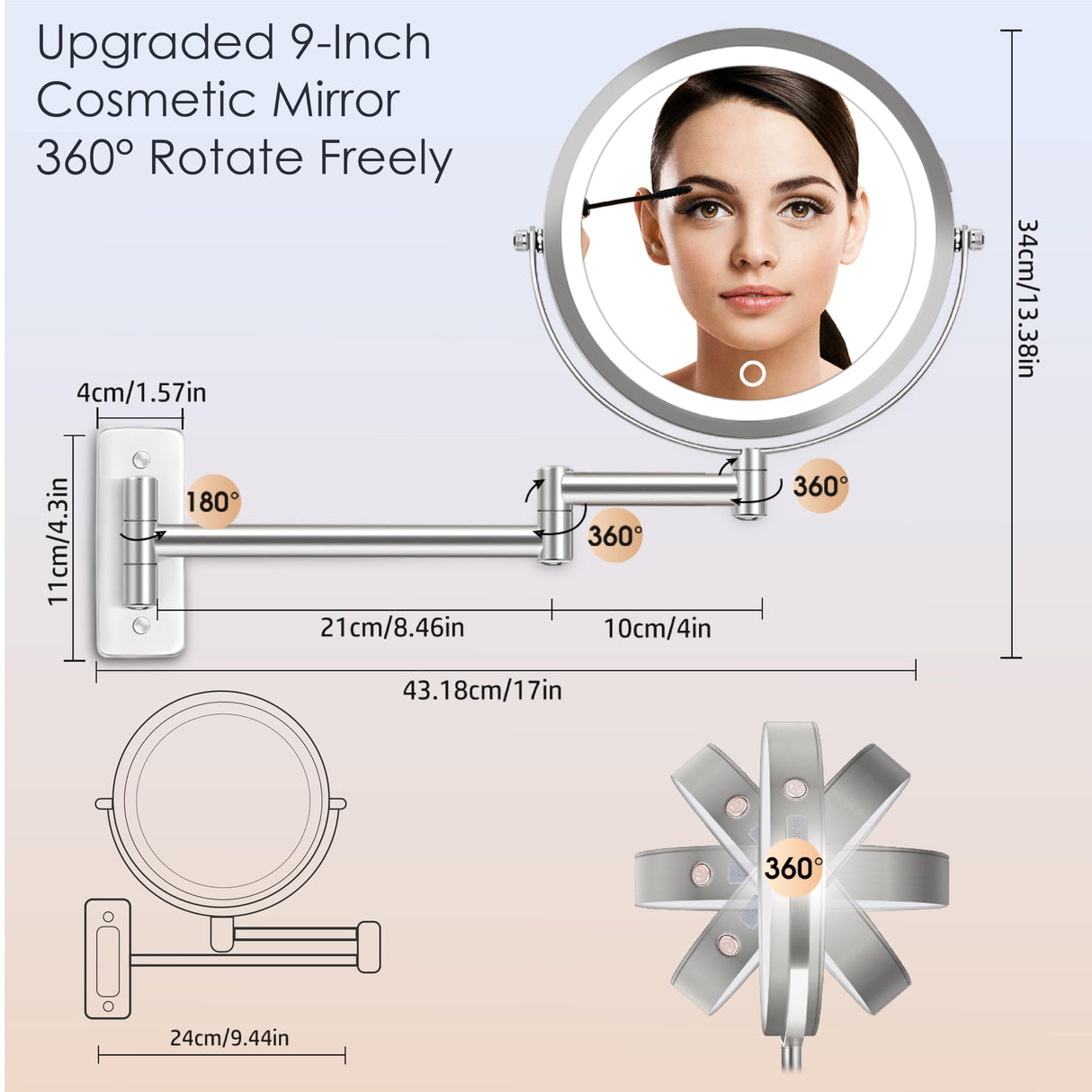 9" Large 15X Rechargeable Wall Mounted Lighted Makeup Mirror Nickel, 5000mAh HD Magnifying Mirror with 3 Color Bright Lights Touch Screen Dimmable, 17" Extendable 360° Swivel Bathroom Vanity Mirror