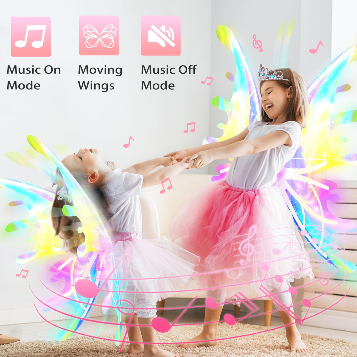 Electric Light Up Butterfly Wings Moving with Music - Princess Costume Crown Wand Dress Up, Princess Toys for Kids Ages 3-6 5-7 as Halloween Valentine Birthday Christmas Party Gifts