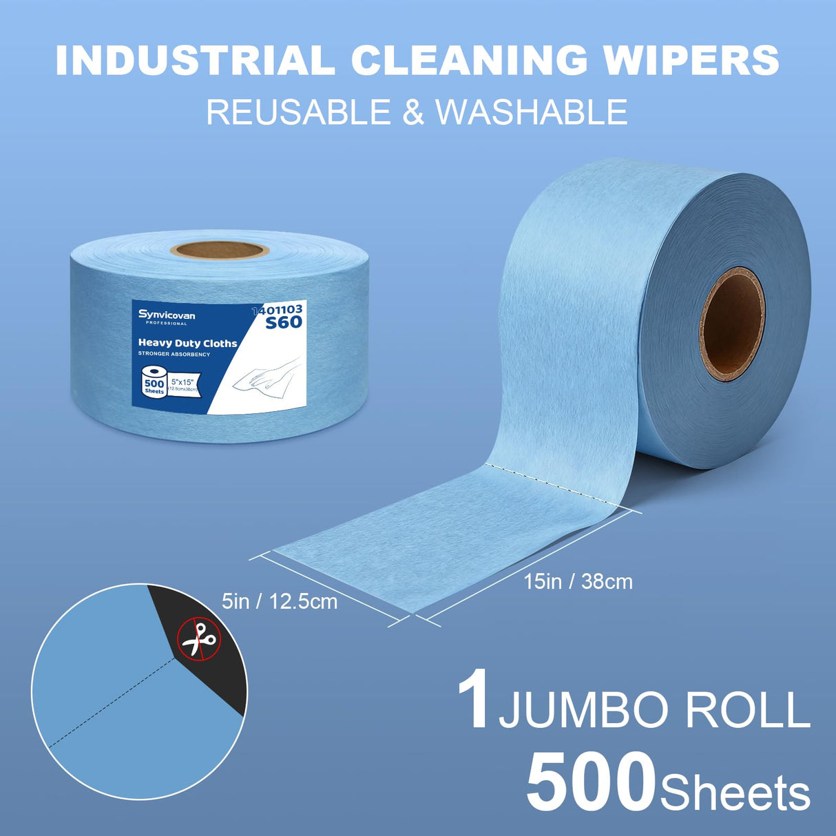 Synvicovan Cleanroom Wipes Heavy Duty Cloths, Lint-Free and Extra Absorbent Towels Jumbo Roll, Blue (15"x 5", 500 PCS)