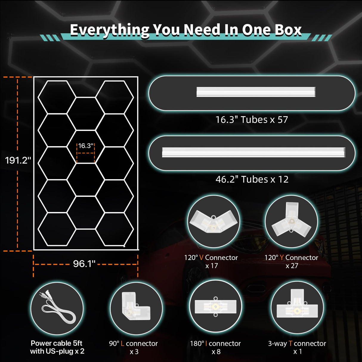 Litezone Hexagon Garage Lights, 14 Grids LED Garage Hexagon Lights with Rectangle Frame, 6500K Super Bright Honeycomb Lights for Garage, Warehouse, Car Detailing Shop, Exhibition Hall, Gym