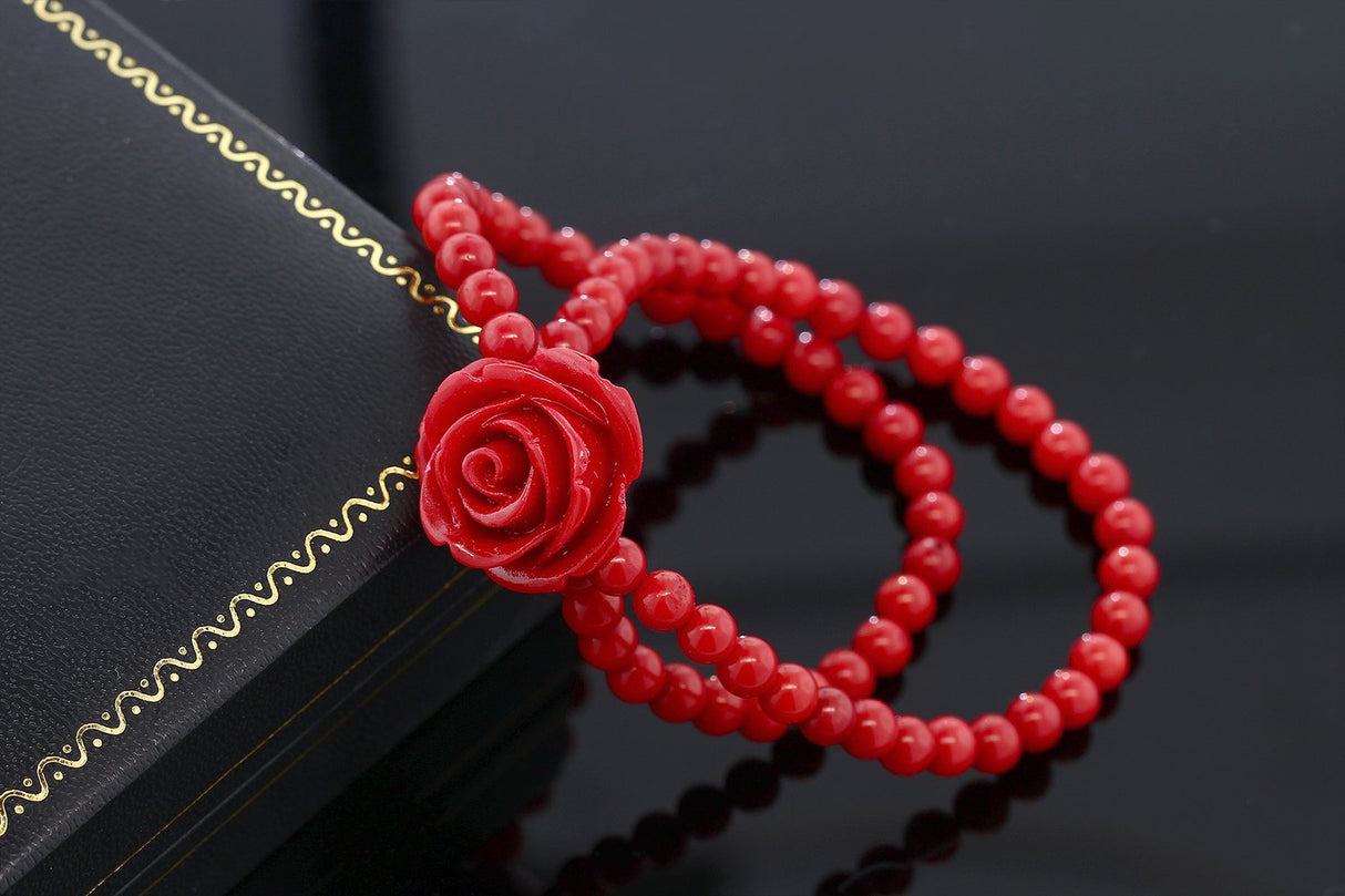 Gem Stone King 7 Inch Red Simulated Coral Bead Rose Flower Stretch Bracelet For Women 5mm