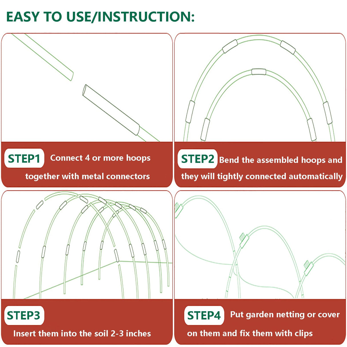 Garden Hoops Grow Tunnel, 6 Sets 8ft Rust-Proof Fiberglass Frame, 36pcs