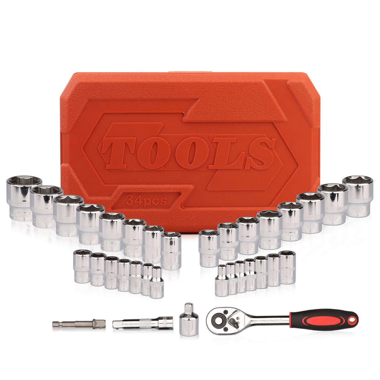Egofine 34 Pieces 3/8 inch Drive Socket Ratchet Wrench Set, with Socket Set Metric/SAE and Extension Bar for Auto Repairing and Household, with Storage Case