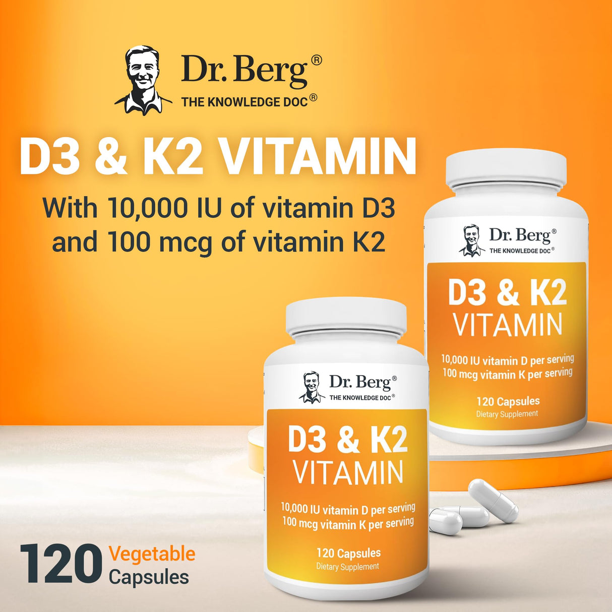 2 Pack Dr. Berg Vitamin D3 K2 w/MCT Powder - Includes 10,000 IU of Vitamin D3, 100 mcg MK7 Vitamin K2, Purified Bile Salts, Zinc & Magnesium for Ultimate Absorption - K2 D3 Vitamin Supplement - 120 Capsule