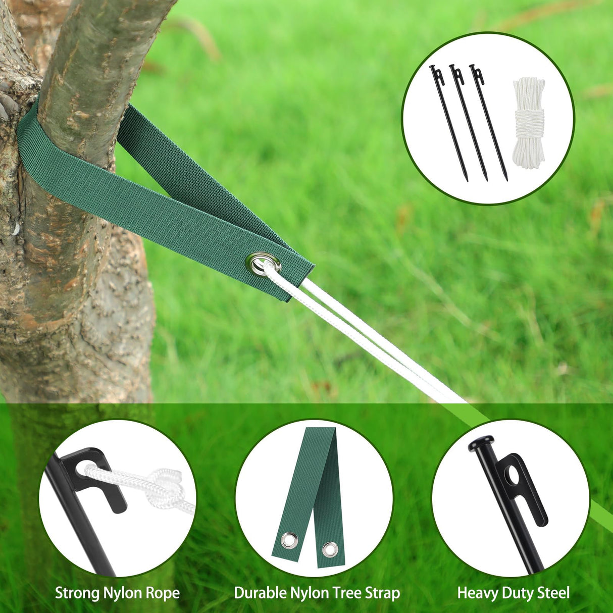 Jevrench Tree Stake Kits, Heavy Duty Tree Stakes and Supports Kits for Young Trees Against Bad Weather, 6 Pcs Tree Stake, 6 Pcs Tree Straps, 2 x 32.8 FT Rope