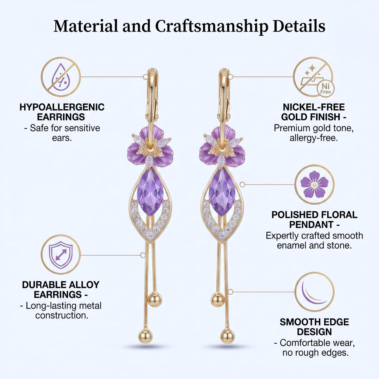 14K gold plated Purple Flower Dangle Chandelier Drop Earrings for Women Hypoallergenic Cubic Zirconia Elegant Statement Jewelry Gifts