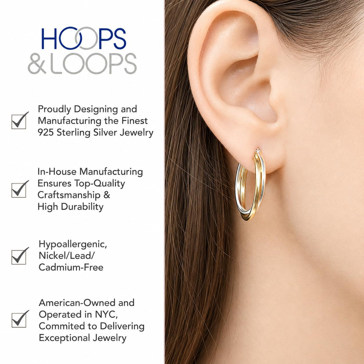 Hoops & Loops 925 Sterling Silver Intertwined Round Hoop Earrings for Women, Two-Tone Layered Trendy Double Square-Tube Hypoallergenic Click-Top Hoops, 20mm - Two-Tone Silver & Yellow Gold