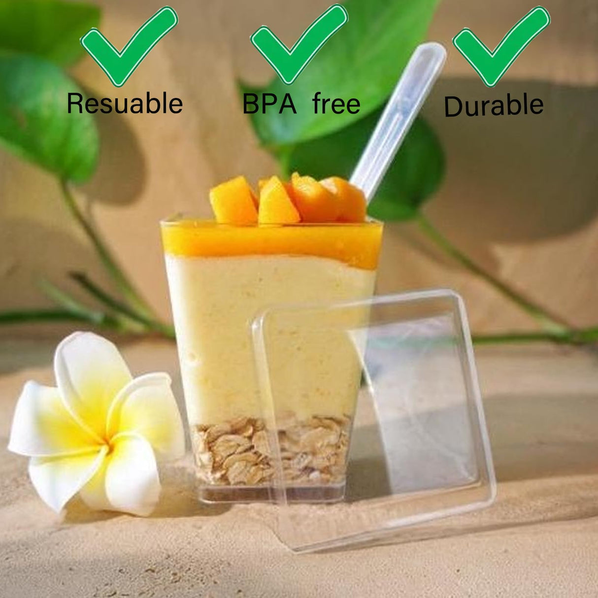 Toowood 100pcs Clear Dessert Cups with Lids and Spoons, 5.4oz Mini Dessert Cups Reusable Square Parfait Cup for Party Appertizer, Christmas