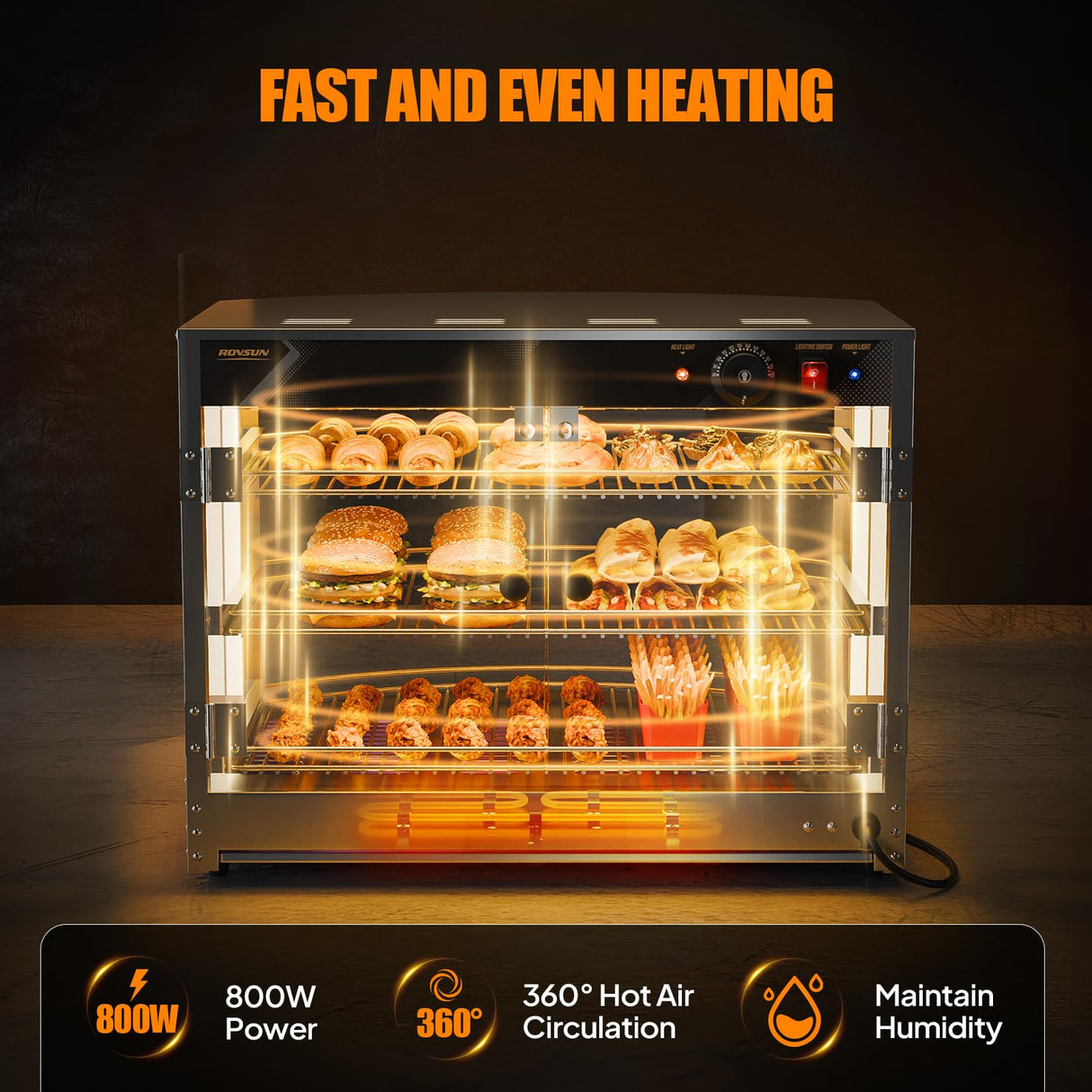 ROVSUN Food Warmer Pizza Warmer Countertop, 3-Tier Commerical Food Warmer Display with LED Lighting Removable Shelves Glass Door, Pretzel Warmer for Buffet Restaurant Cafe, 110V 800W