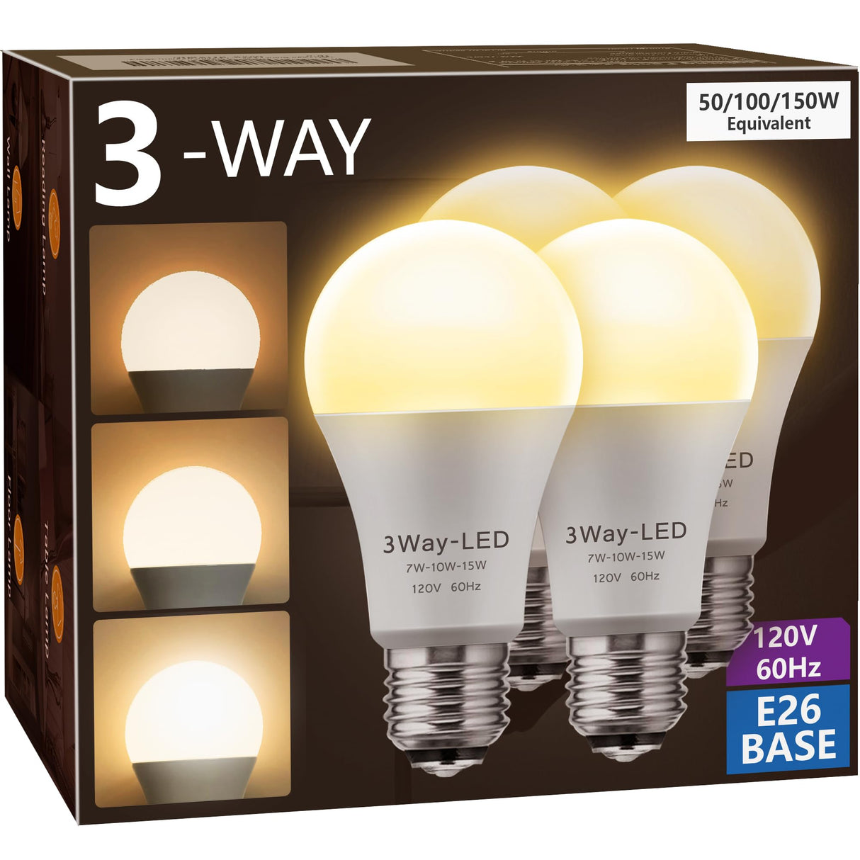Briignite LED Light Bulbs, 3 Way Light Bulbs 50 100 150W Equivalent, 3 Way Light Bulb, Three Way A19 E26 Medium Base, Warm White 3000K, 600lm-1200lm-1600lm, 4 Pack