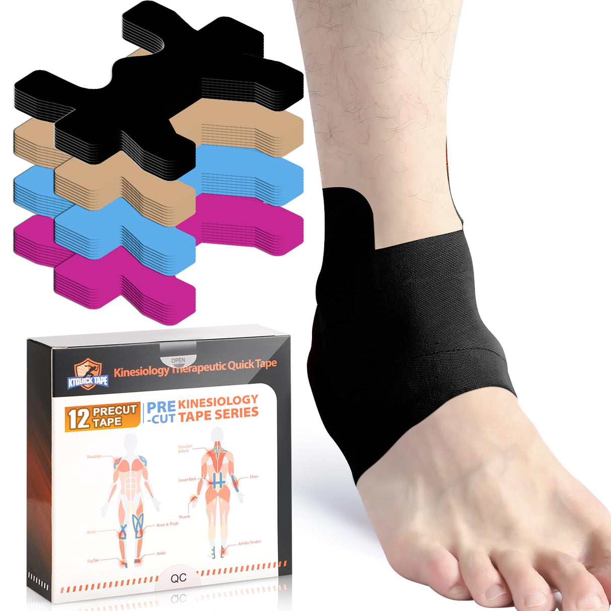 Kinesiology Tape for Ankle, KTQUICK 12 Count Ankle Tape Precut, Original Cotton Waterproof & Breathable, Enhance Elastic Kinesiology Athletic Tape for Ankle Support and Muscle to More Sports (Black)