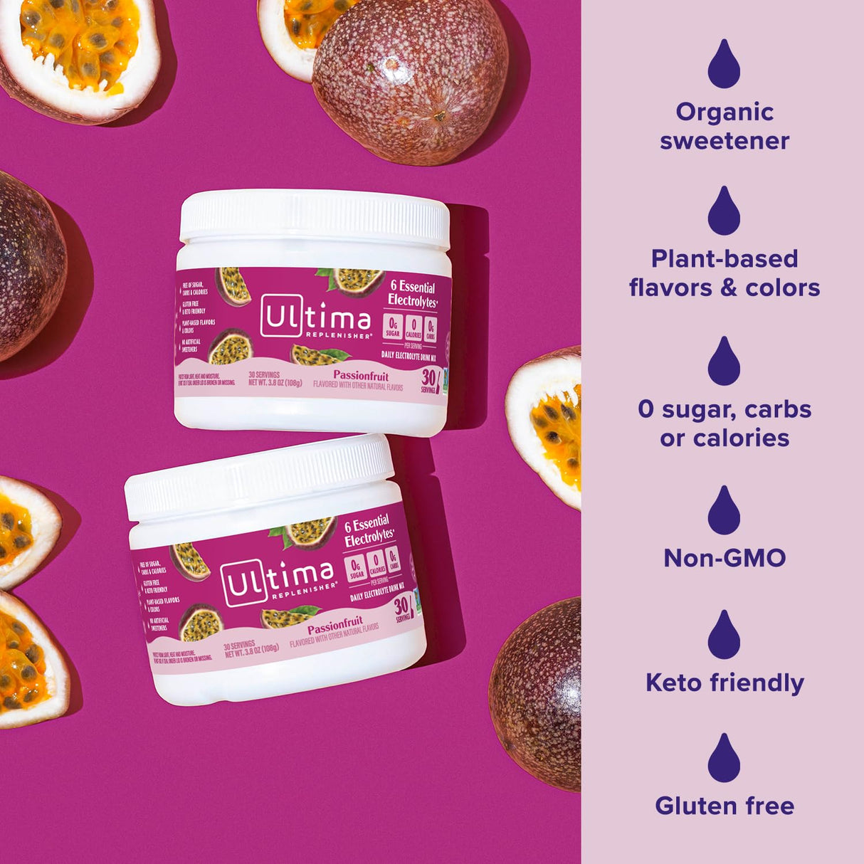 Ultima Replenisher Daily Electrolyte Powder Drink Mix – Sugar Free – Passionfruit, 30 Servings – Hydration Powder with 6 Key Electrolytes and Trace Minerals – Keto Friendly, Non-GMO