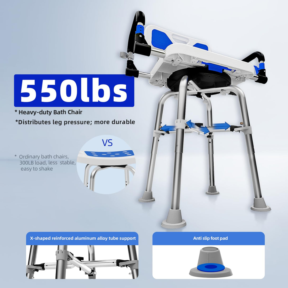 Swive Shower Chair with Arms and Back Heavy Duty 500 lbs for Seniors Elderly Disabled or Bariatric Adults Bench Seat for Inside Shower Stall and Bathroom Bath Tub Seats Adjustable Stool