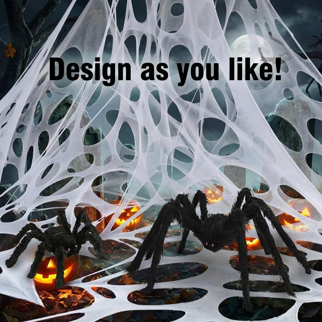 wymulot 1200 Sqft (After Streched with Holes) Uncut Giant Spider Web Halloween Decorations Outdoor with 10 Ground Nails Stretchy Beef Cloth Netting Cut-Your-Own Flexible Elastic for Yard Party Decor